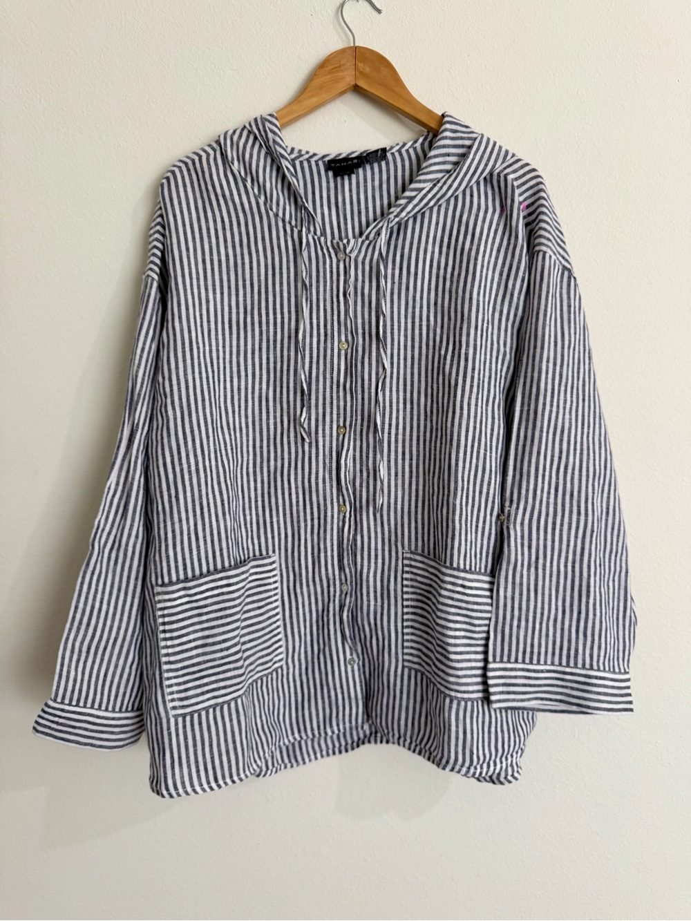 Tahari Women's Plus 3X Striped Linen Button Front Hoodie Shacket